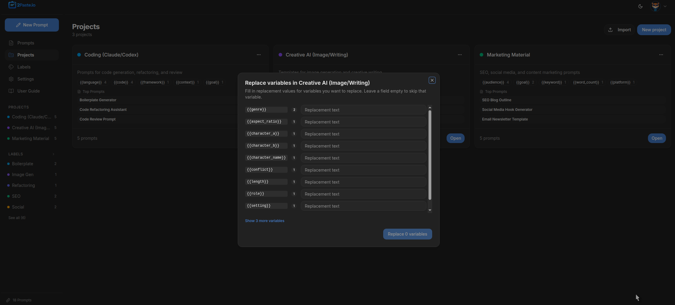 2paste.io project-level workflow for cloning and managing prompt templates