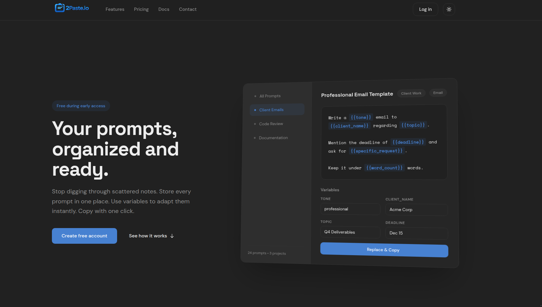 2paste.io landing view showing prompts stored as reusable assets with variables