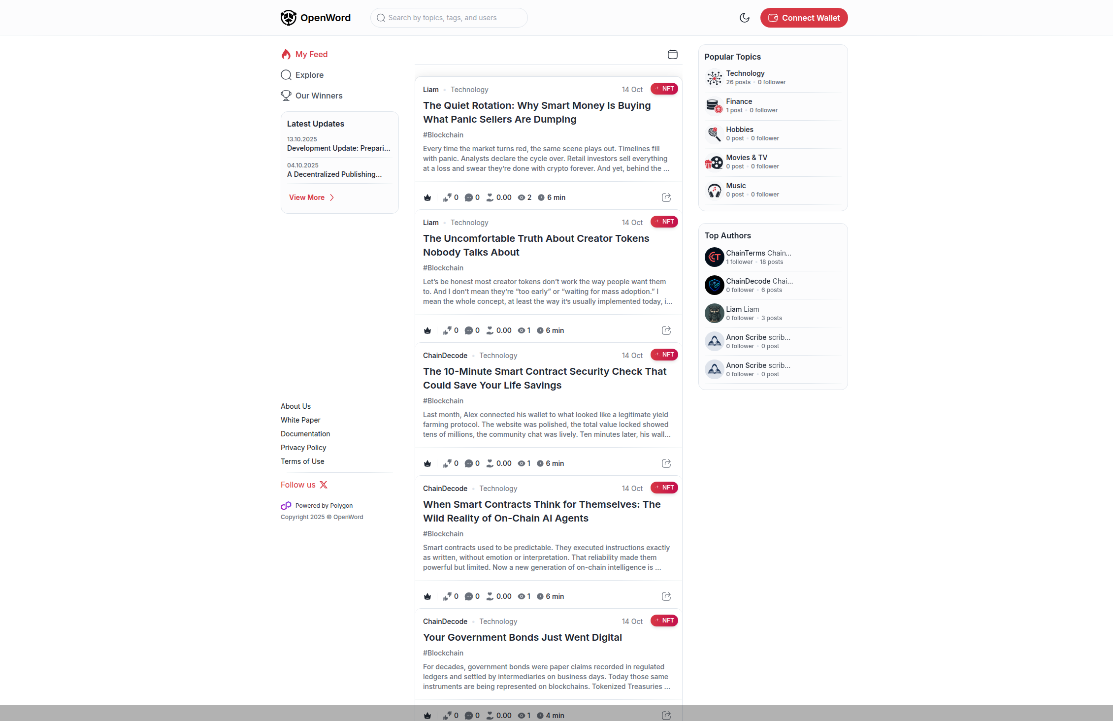 OpenWord feed showing decentralized publishing interface