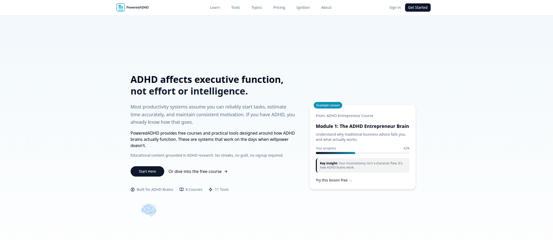 PoweredADHD platform dashboard showing integrated learning, tools, and system guidance
